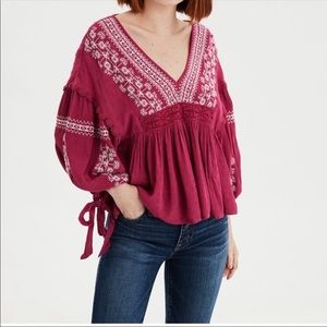 American Eagle Outfitters Boho Embroidered Balloon Sleeve Top